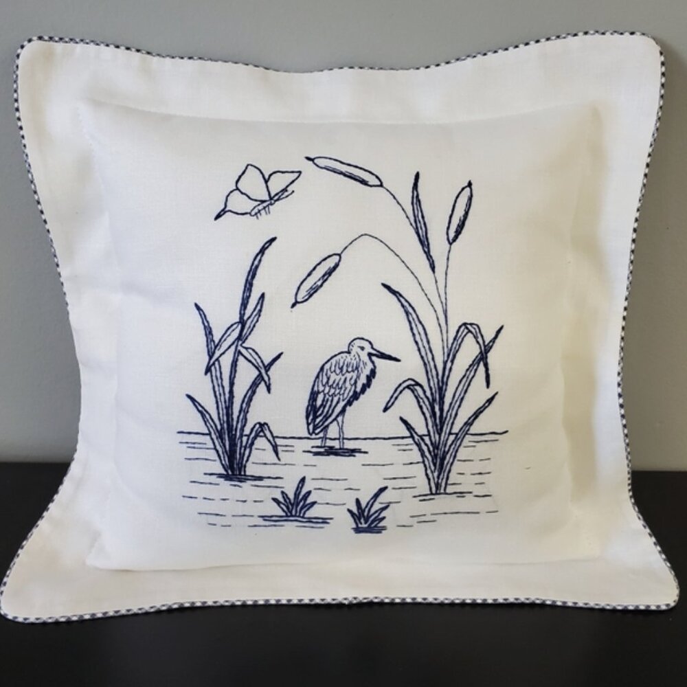 French Country Farmhouse Embroidered Linen Pillow in Blue